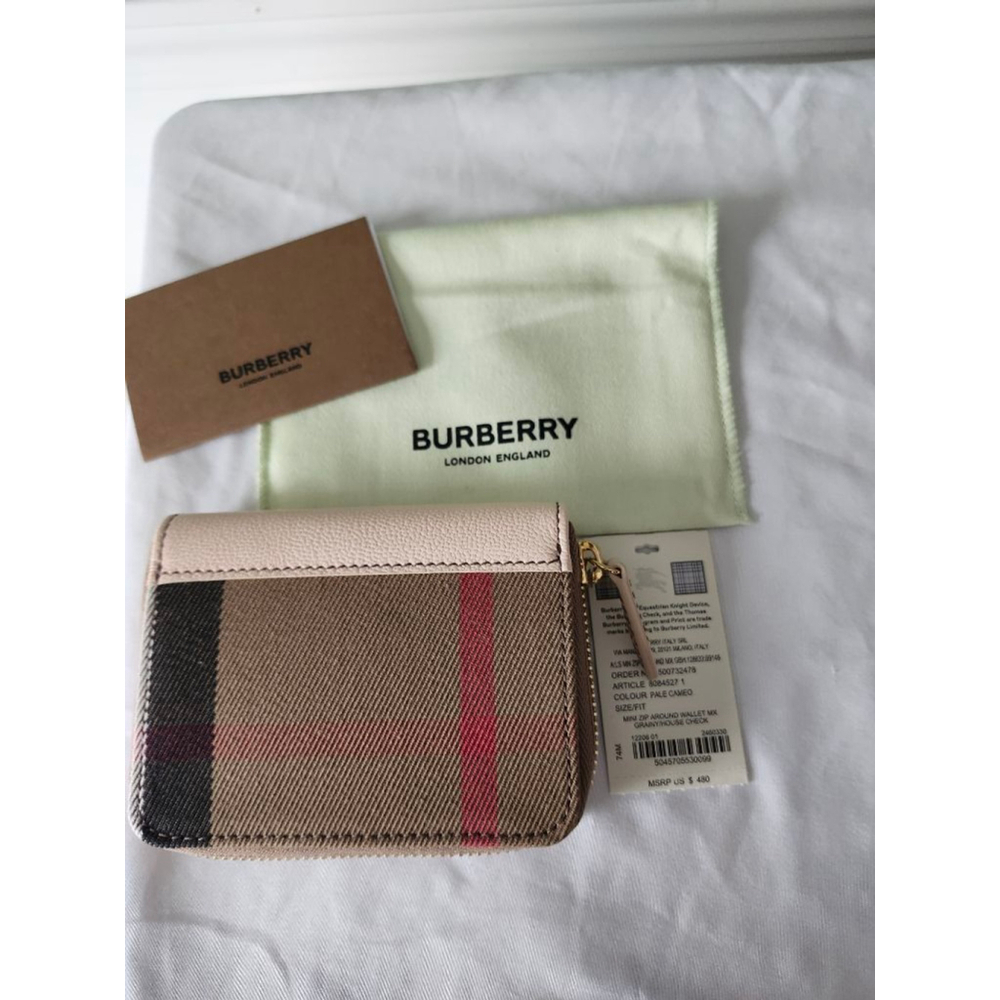 Burberry Mini Zip Around Wallet in Beige and Red Plaid